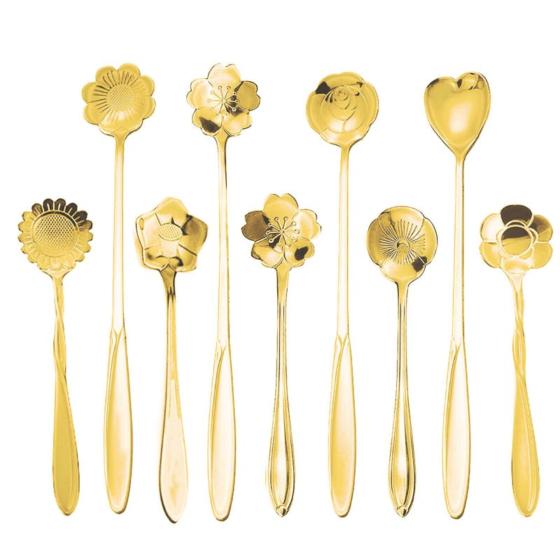 ESRISE 9 Pcs Flower Spoon Coffee Teaspoon Set  ESRISE Stainless Steel Tea Spoon  Cute Demitasse Scoop for Drink Mixing Milkshake Jam (Gold) - Image 1
